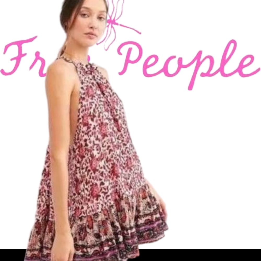 Free People Lyla Swing Minidress Multifloral Boho High Neck Drawstring Lined LG
